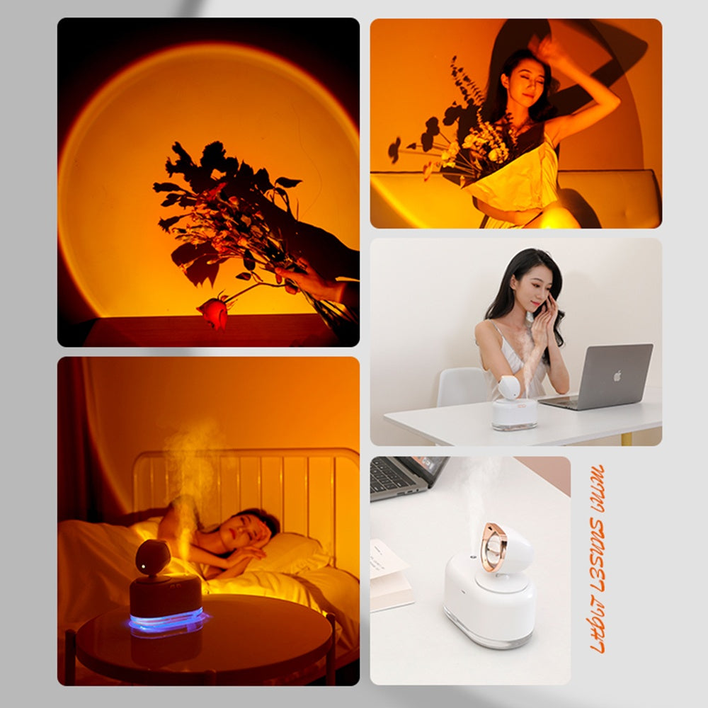 Humidificador de aire inalámbrico 2 en 1 con lámpara de atardecer, 300 ml, pulverizador de niebla, luz ambiental, generador de niebla silenciosa para decoración del hogar y la oficina.
