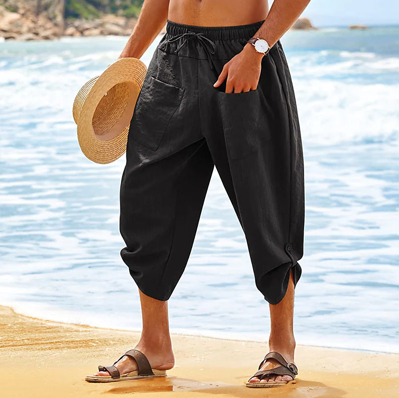 Pantalones cortos de playa de lino de verano para hombre