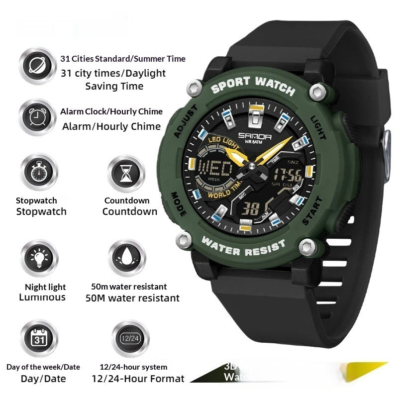 Reloj cronógrafo luminoso de doble pantalla para estudiantes, ideal para senderismo.