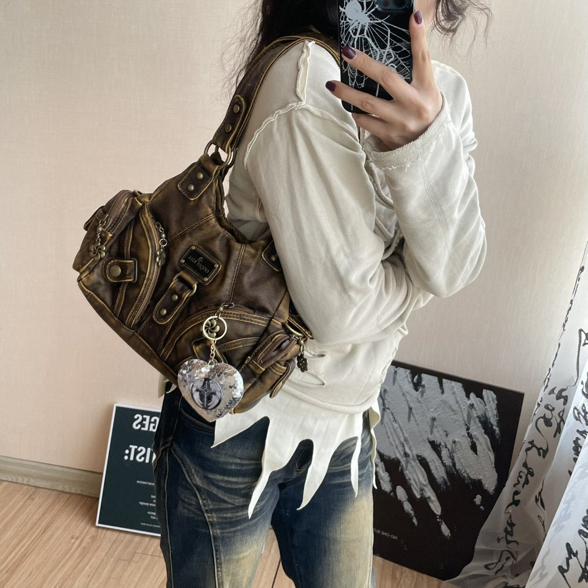 Bolso de hombro atrevido y original con estampado de leopardo postapocalíptico DIY