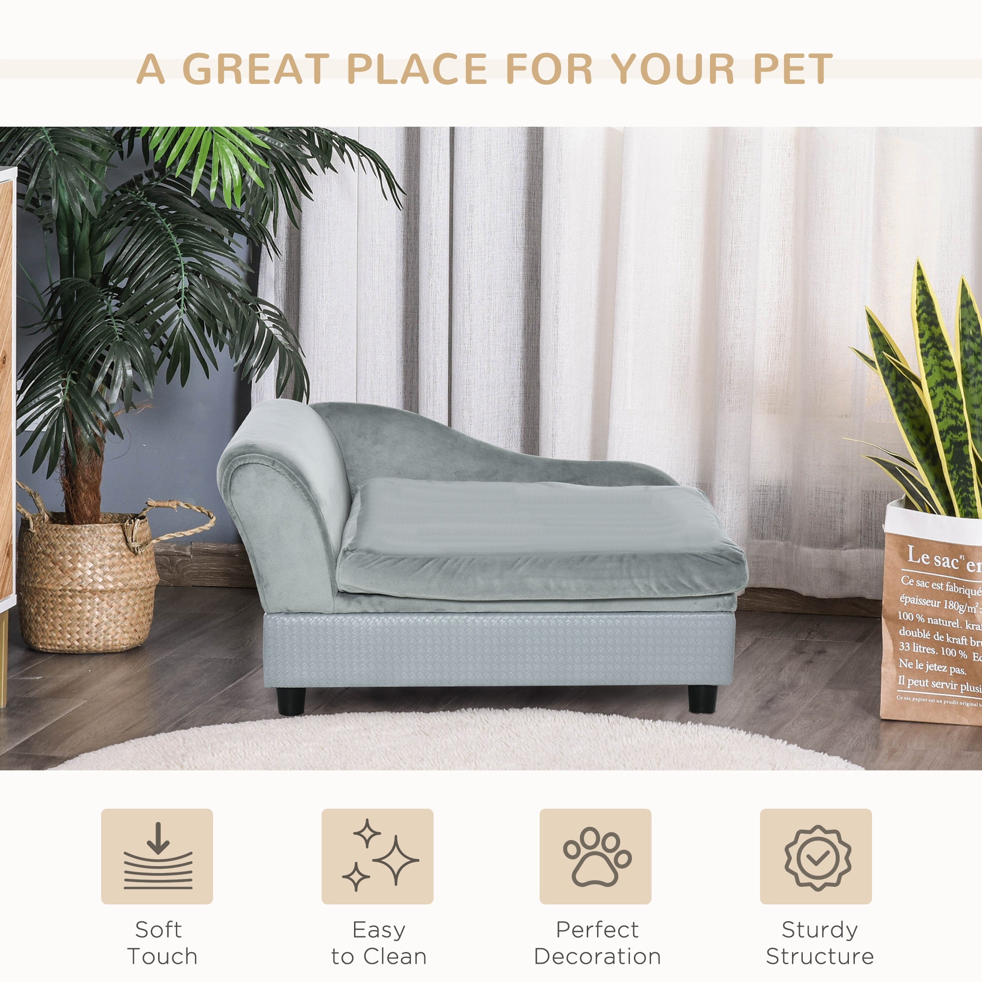 Cama de lujo para perros pequeños, con espacio de almacenamiento oculto, sofá de espuma suave, muebles modernos para mascotas, color gris