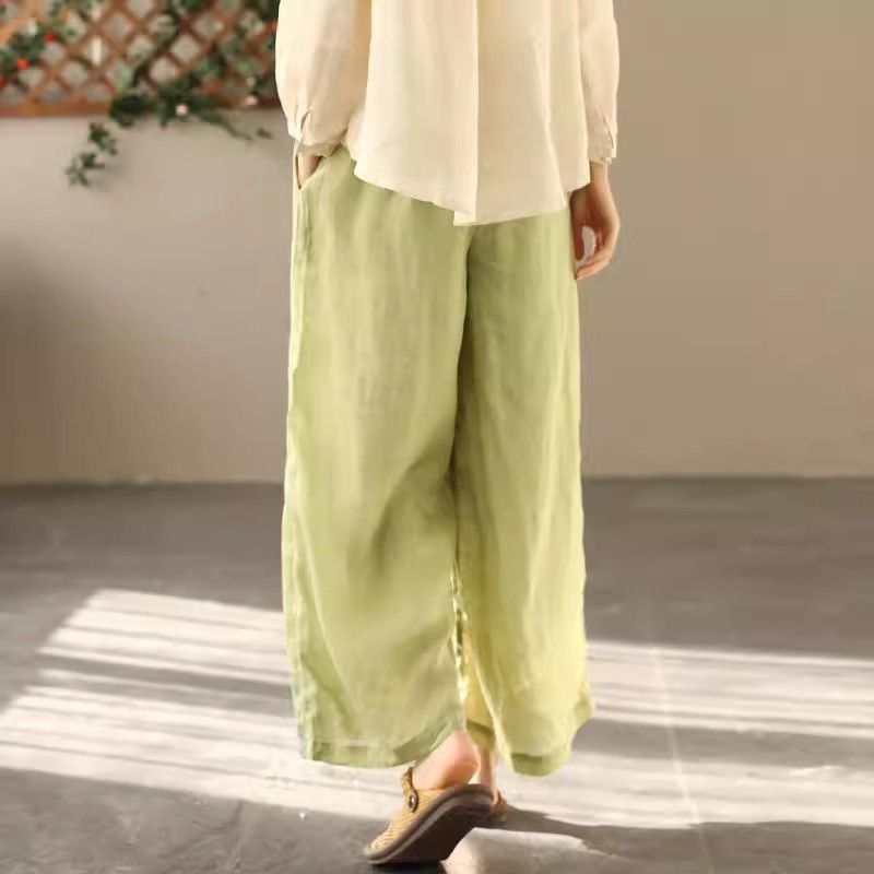 Pantalones anchos de verano de algodón y lino para mujer