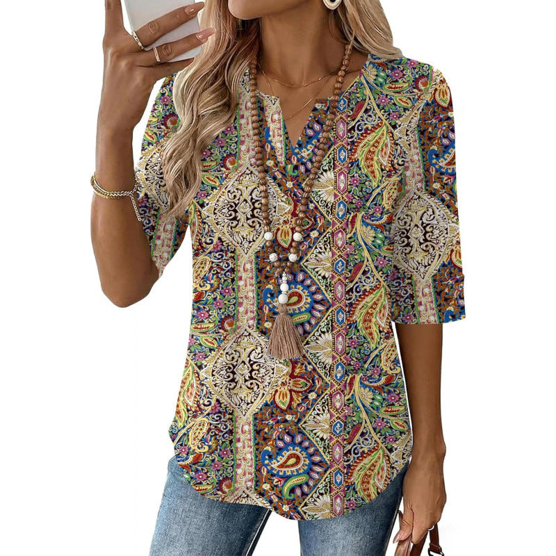 Retro V-neck Elegant Loose-Fitting Mid-sleeve Casual Shirt