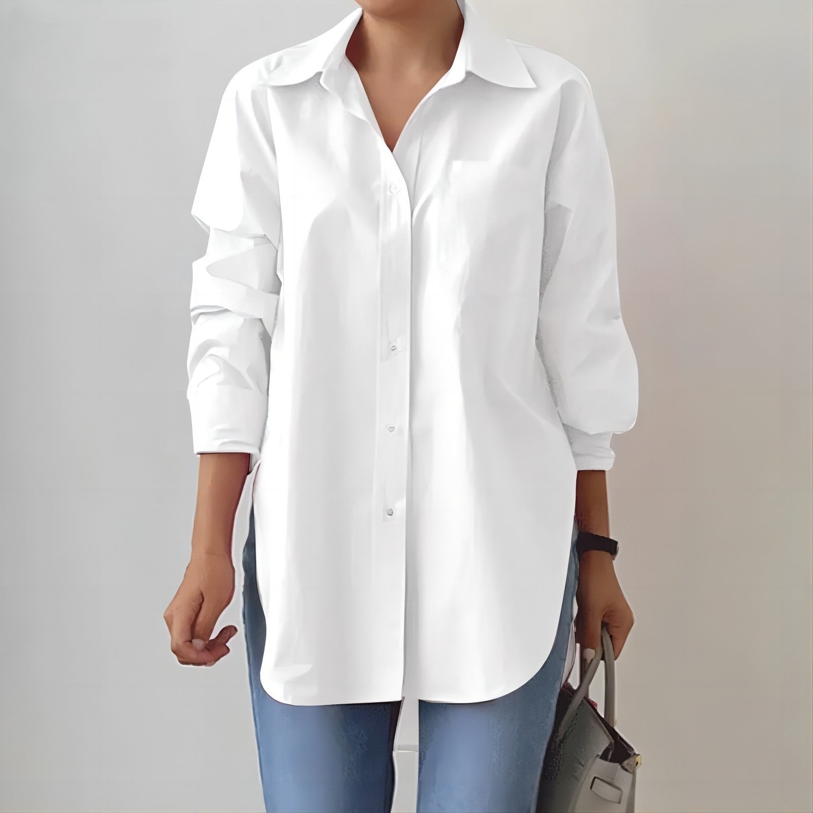 Camisa de manga larga con cuello dividido en color liso