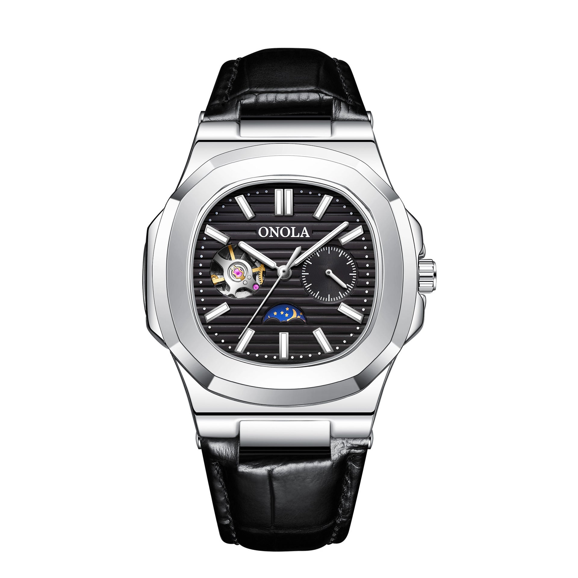 Reloj mecánico de alta calidad con diseño de sol, luna y estrellas, correa de cuero impermeable.