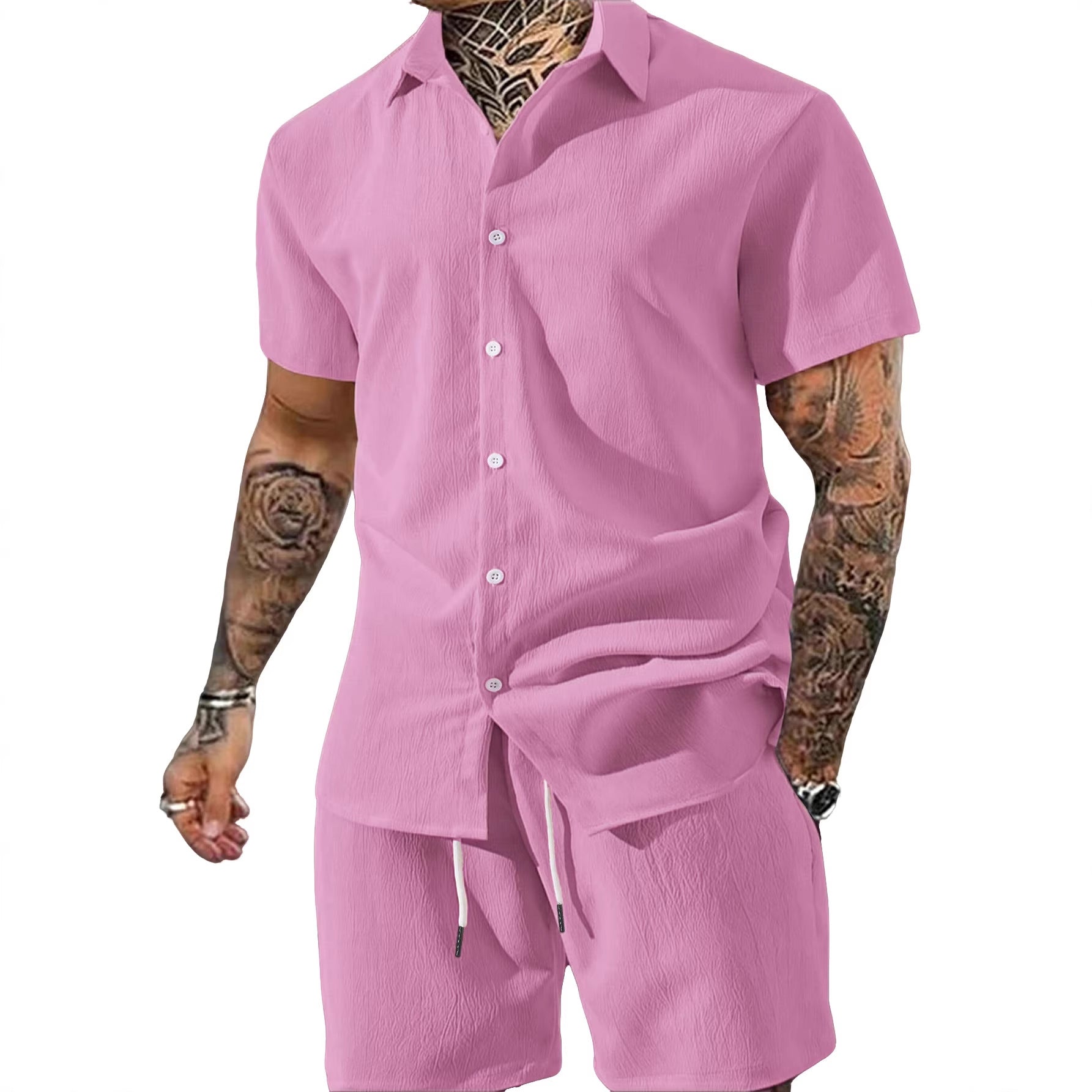 Men's Solid Color Lapel Short-Sleeve Shirt And Shorts Set