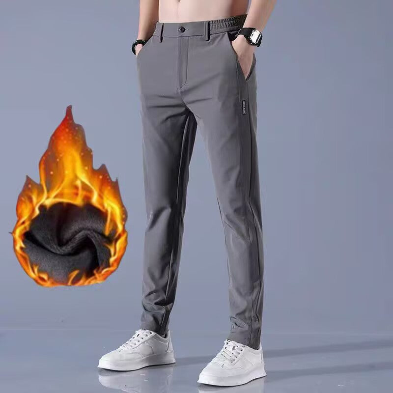 Pantalones casuales de seda de hielo para hombre, con cintura elástica y forro polar, para otoño