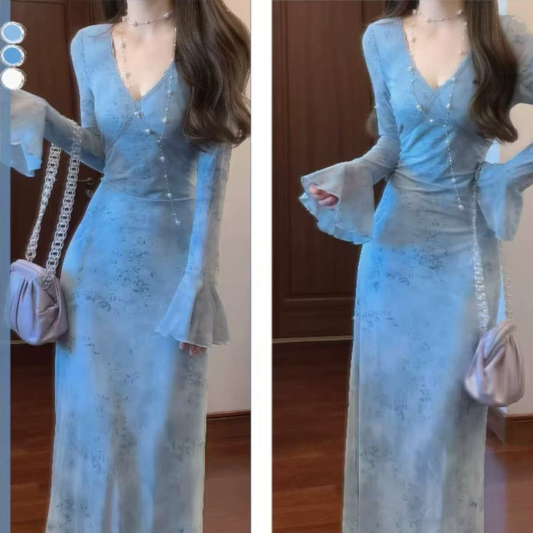 French-style Gentle Elegant Blue Tie-Dye V-neck Dress For Women