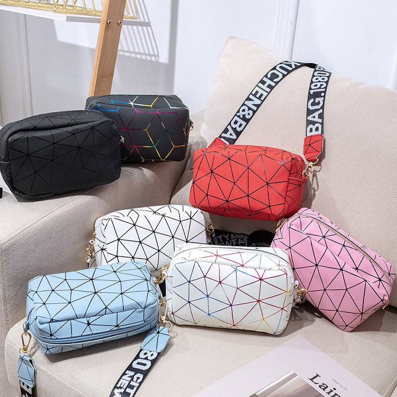 Bolso para cámara con correa de letras, estampado geométrico radiante y colorido