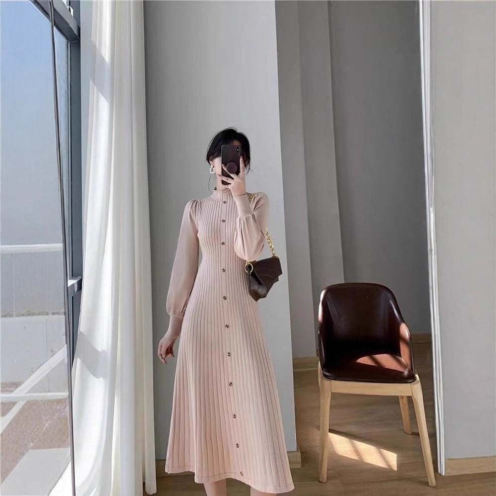 Vestido de punto de manga larga con cuello alto para otoño e invierno