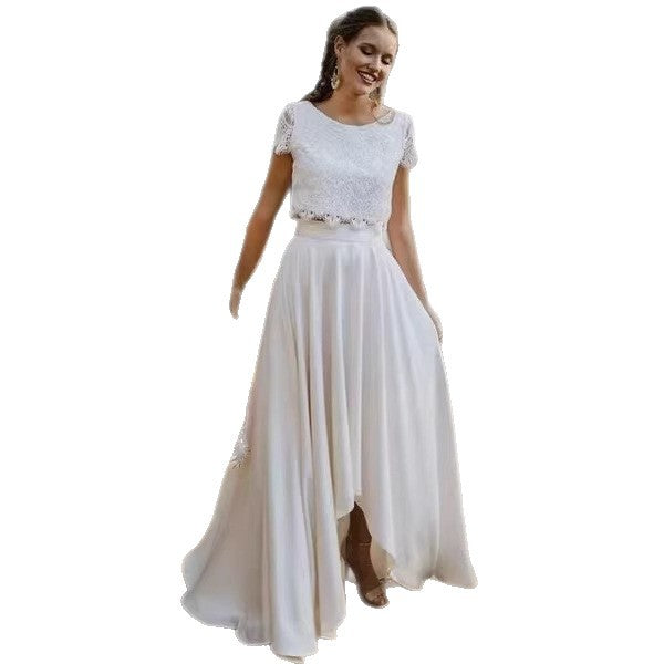 Vestido de novia ligero para fotos de destino, estilo dama de honor de encaje y satén.