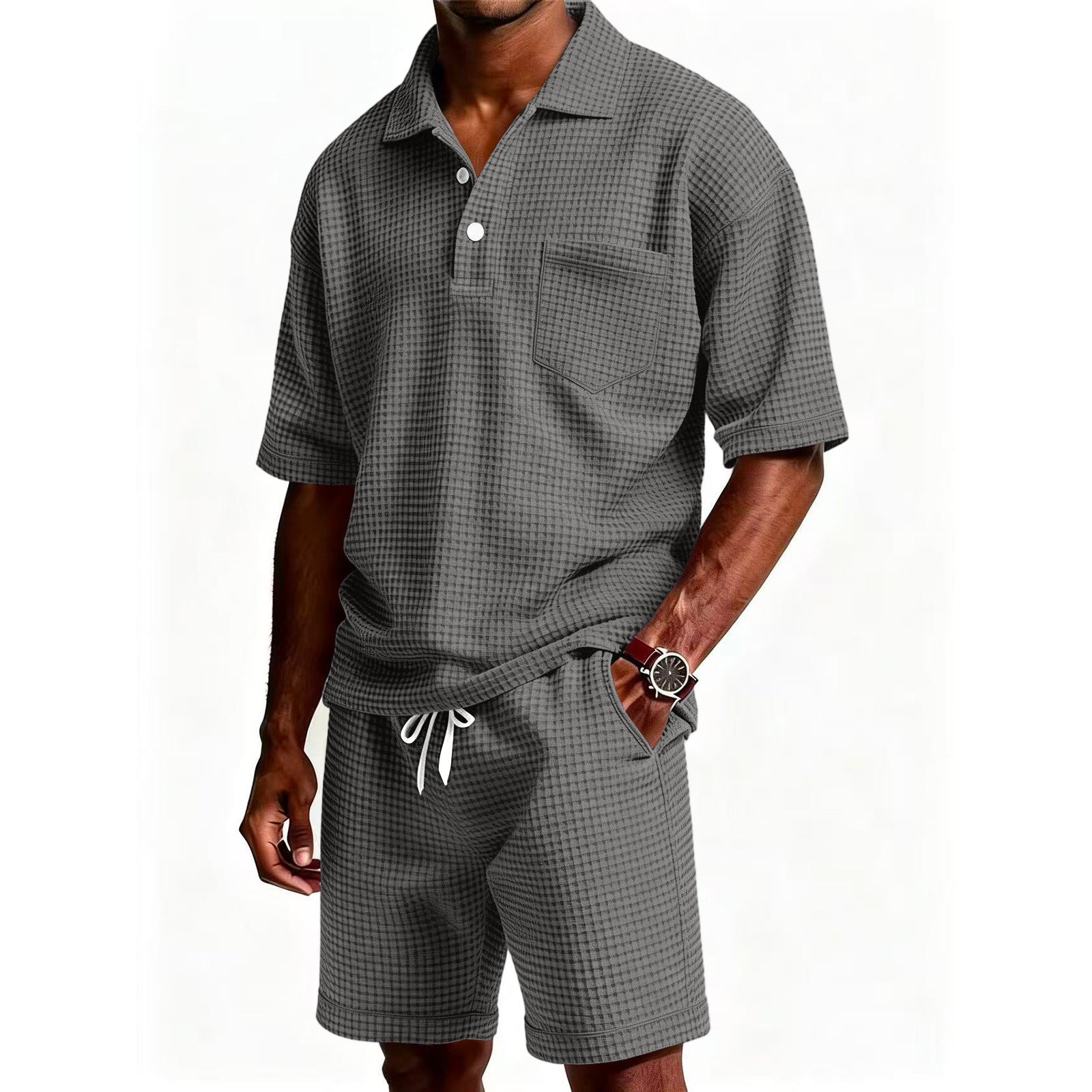 Men's Solid Color Lapel Short-Sleeve Shorts Set