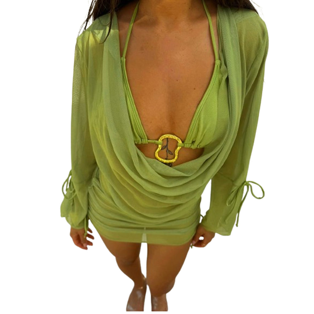 Hollow-out Midriff-baring Boat-neck Long-sleeve Top