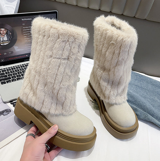 Botas de nieve largas de piel para mujer de invierno