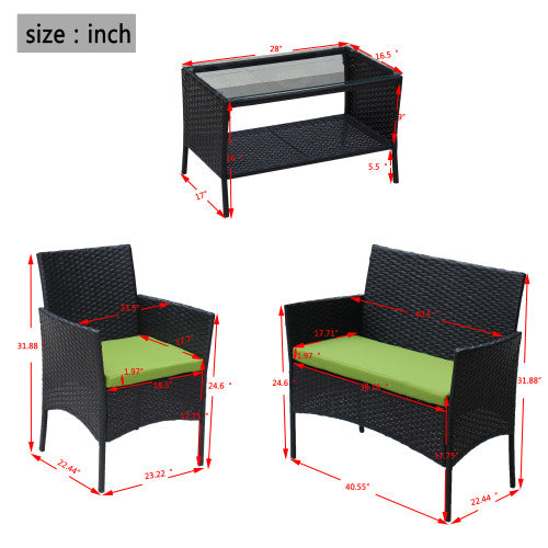 Juego de 4 muebles de patio de ratán con asiento acolchado para exteriores, sofá de mimbre con cojín verde