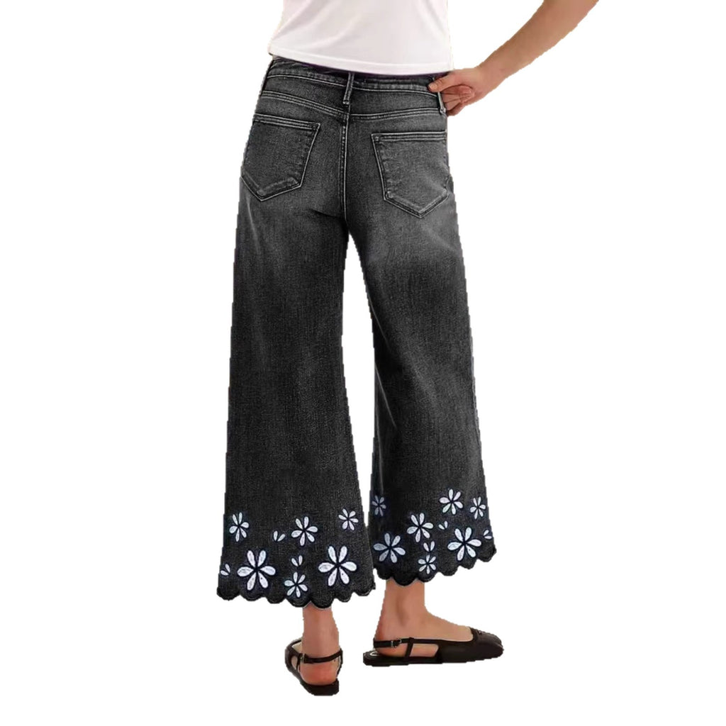 Chrysanthemum Embroidered Casual Stretch Womens Cropped Denim Jeans