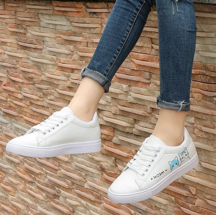 Printed casual shoes women's pu shoes cute cat new fashion lace women's white sports shoes women's casual shoes