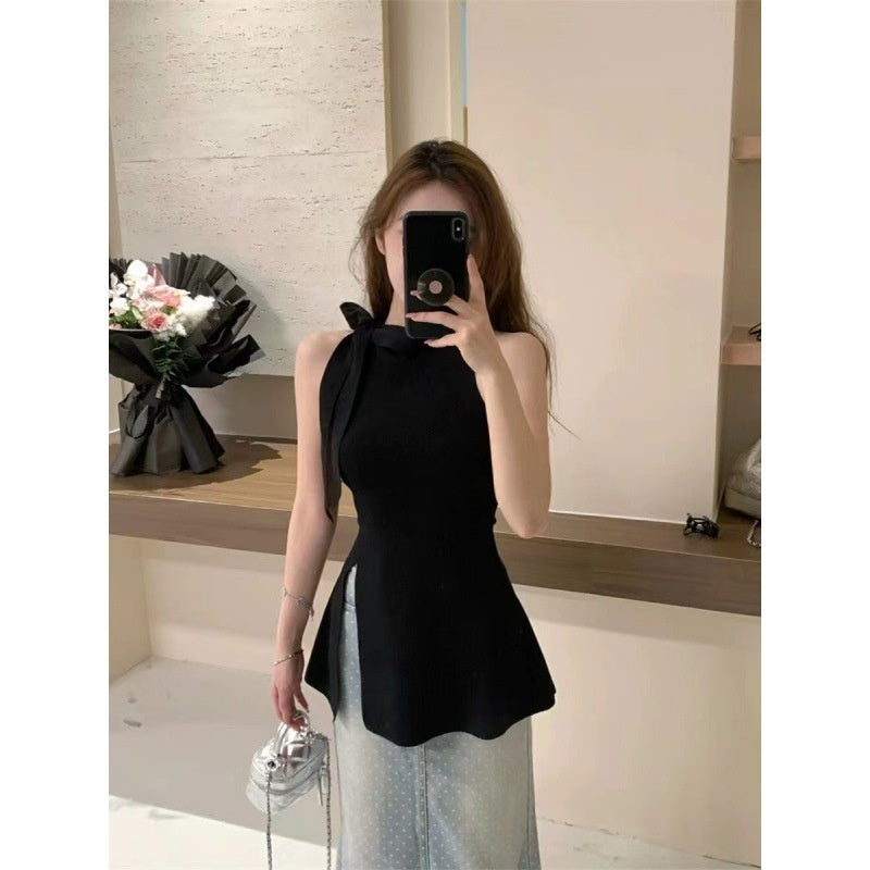 Sweet Lace-up Bow-Knot Slit Cami Shirt
