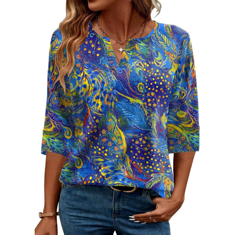 Retro V-neck Elegant Loose-Fitting Mid-sleeve Casual Shirt