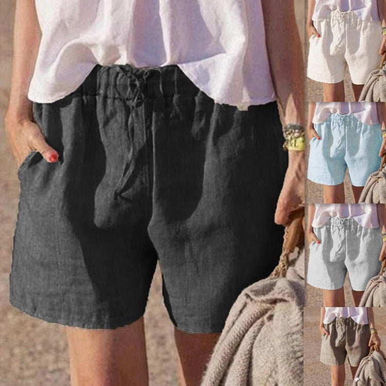 Pantalones casuales holgados de algodón y lino de color liso con cintura elástica y cordón para atar.