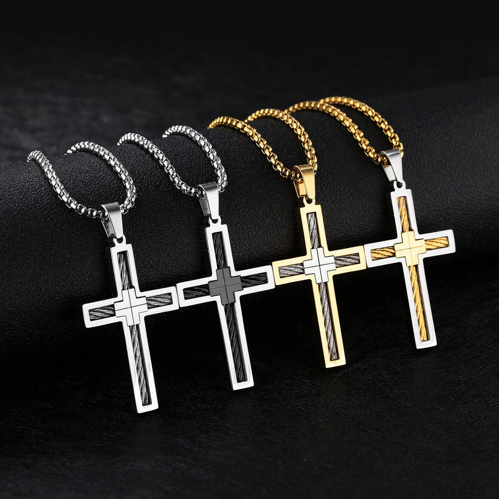 Collar de cruz de alambre de acero y titanio para hombre 