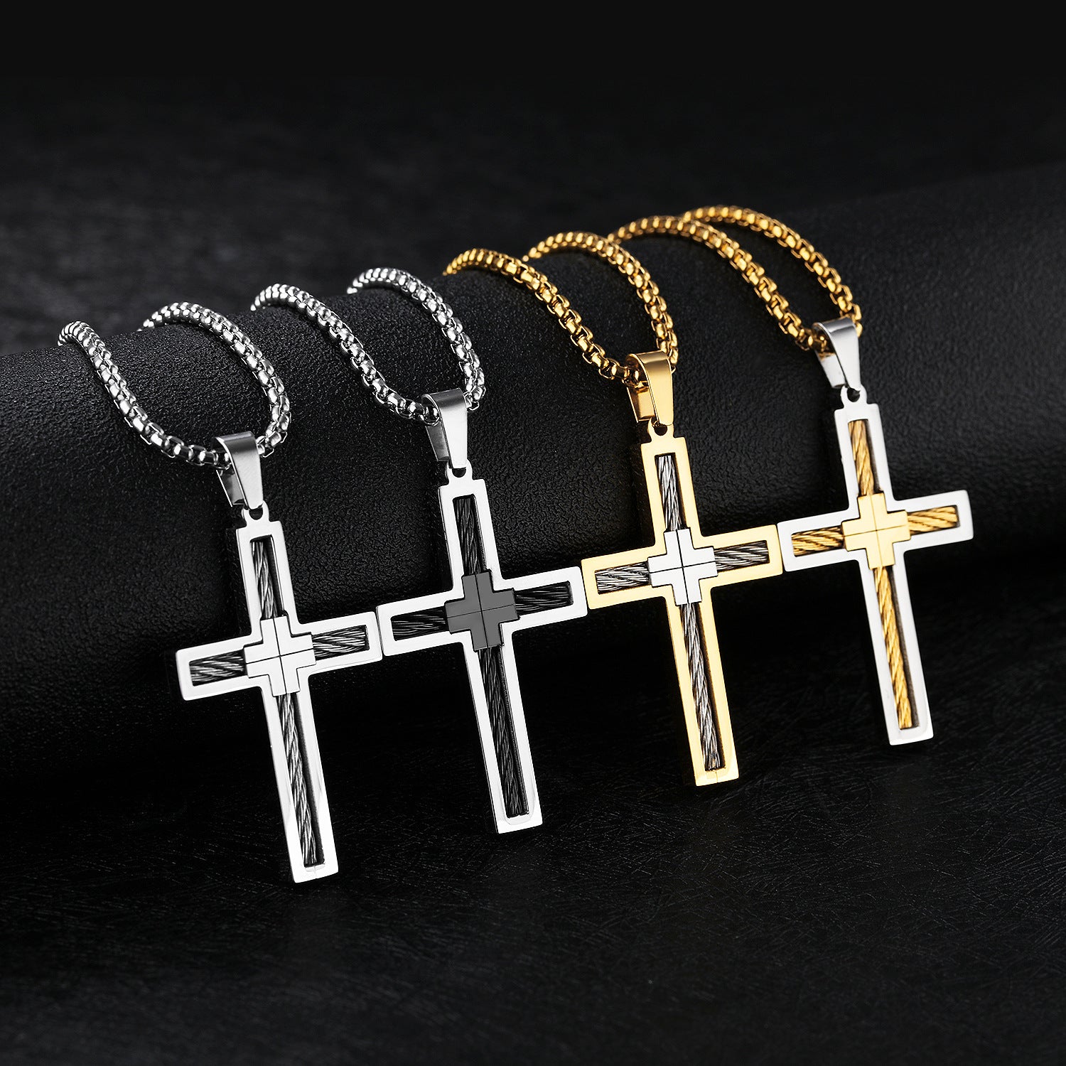 Collar de cruz de alambre de acero y titanio para hombre 