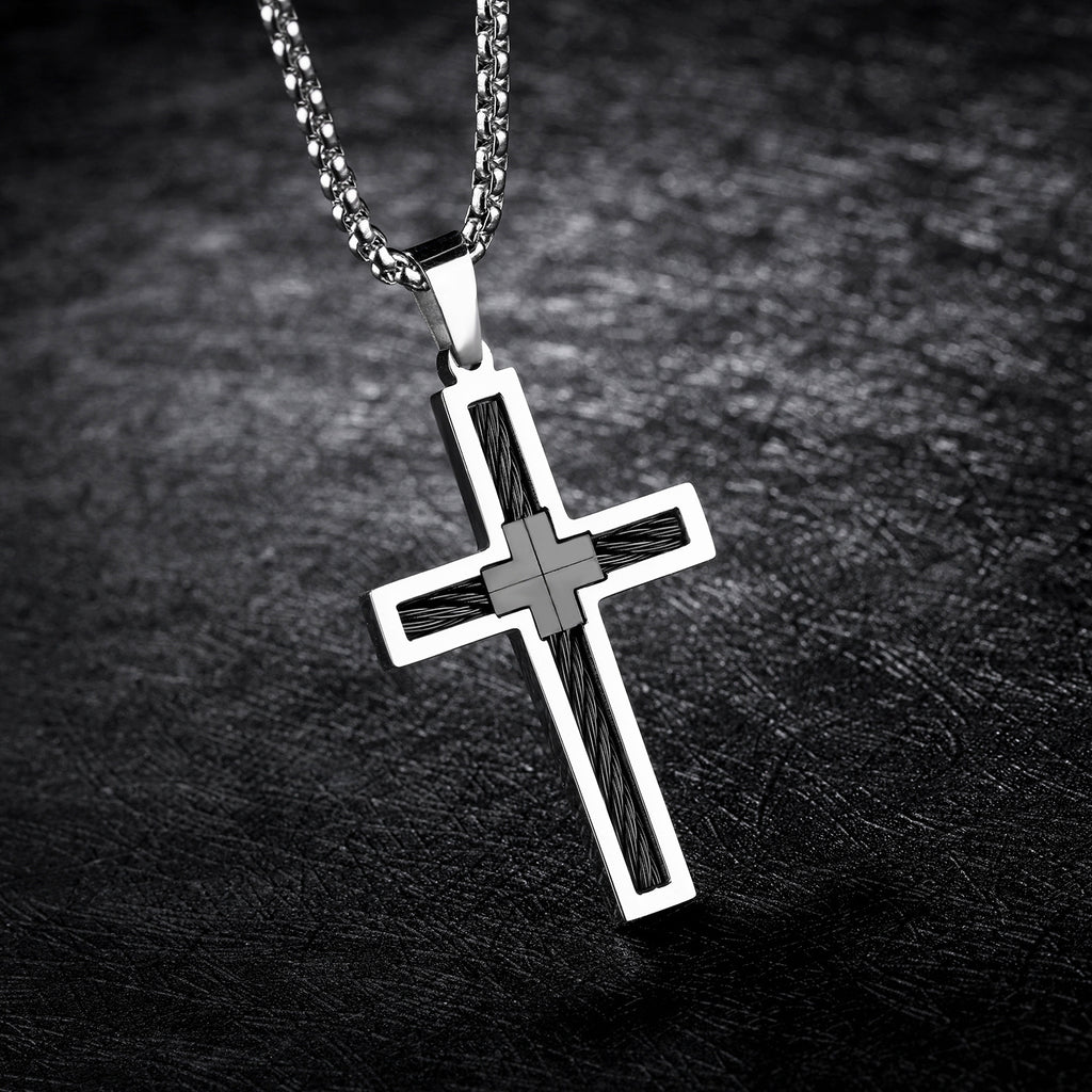 Collar de cruz de alambre de acero y titanio para hombre 