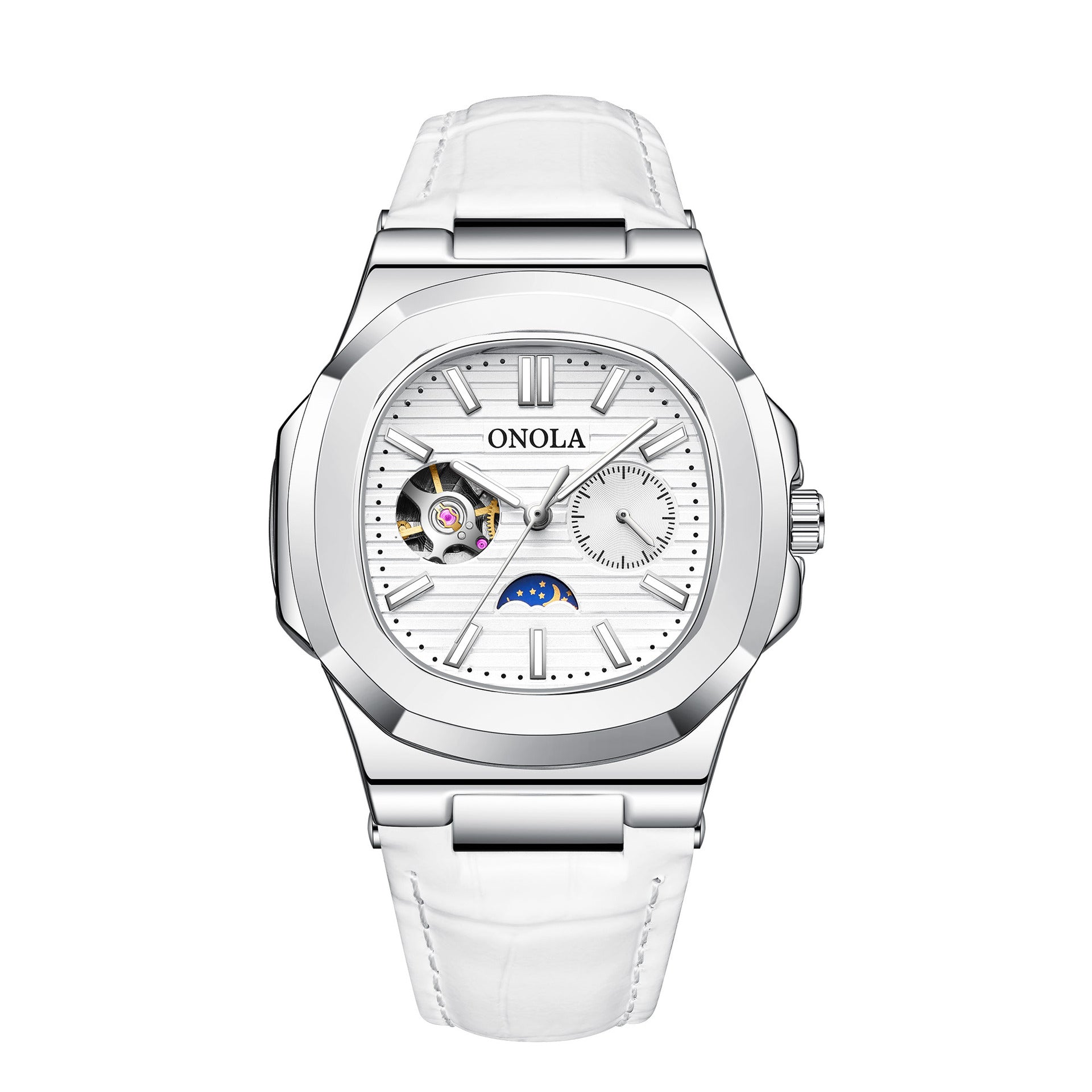 Reloj mecánico de alta calidad con diseño de sol, luna y estrellas, correa de cuero impermeable.