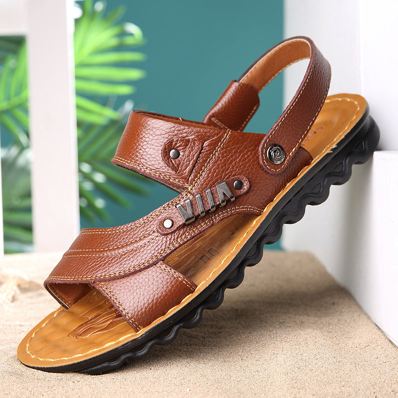 Sandalias de piel de vaca de primera capa para hombre, zapatos de playa, zapatillas antideslizantes