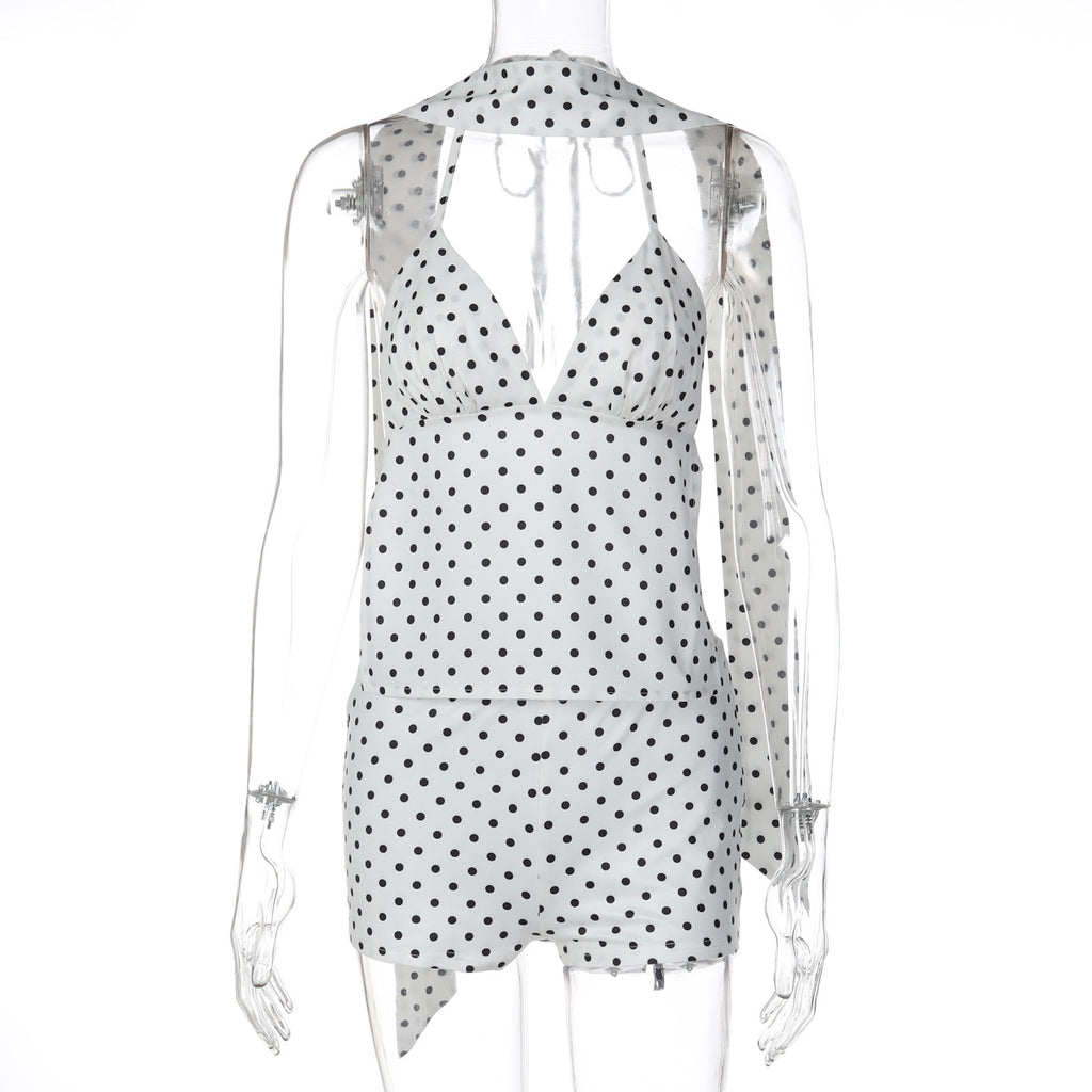 Winter Polka-Dot Lace-Up Camisole And Slim-Fit Shorts Two-Piece Set For Women