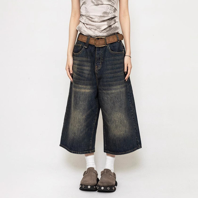 Pantalones vaqueros anchos, holgados y recortados, estilo retro americano para mujer