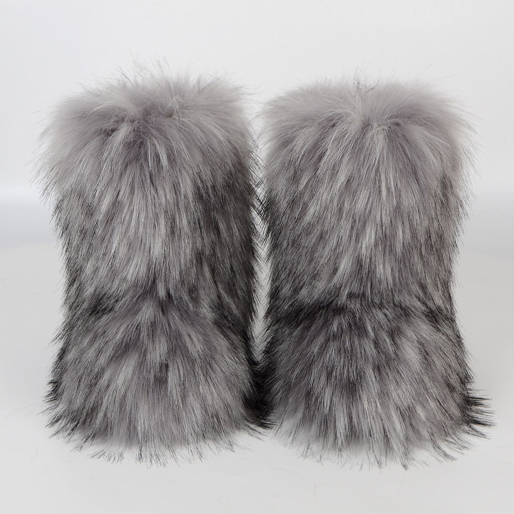 Botas de nieve de invierno con imitación de piel de mapache integrada para mujer, zapatos mullidos, botas de media caña para exteriores