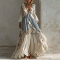 Vestido largo holgado de lino con bordado de rosas estilo bohemio retro