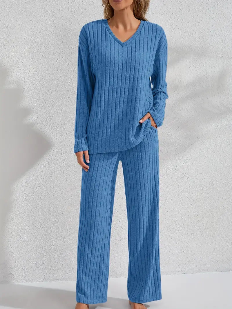 Conjunto de ropa de estar por casa informal y cómoda para mujer con top y pantalón de manga larga acanalados