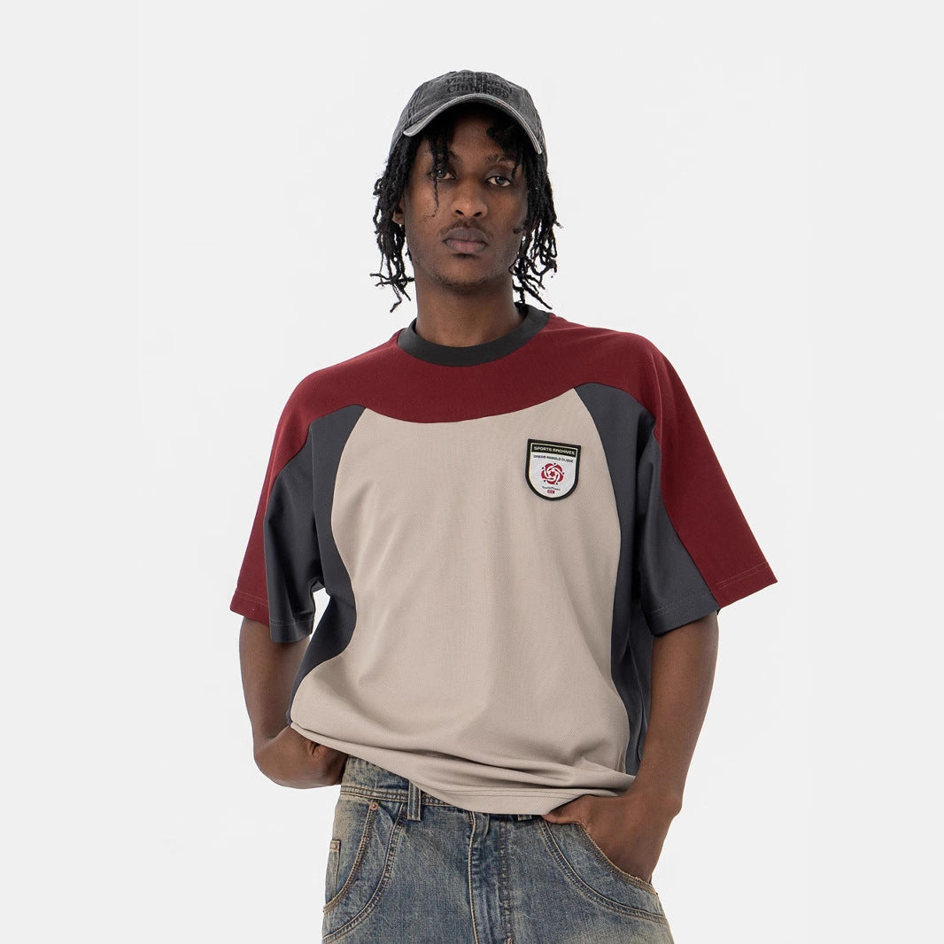 Retro Three-Color Patchwork Design Crew Neck Short Sleeves