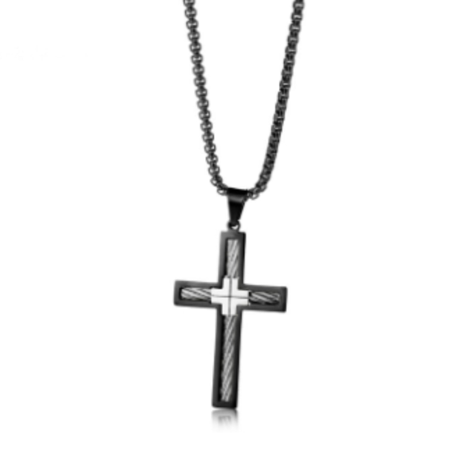Collar de cruz de alambre de acero y titanio para hombre 