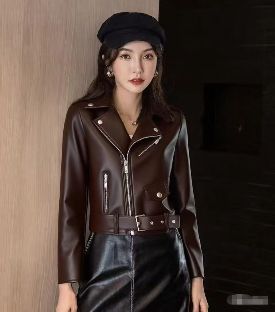 Chaqueta de cuero de moda para mujer, abrigo ajustado