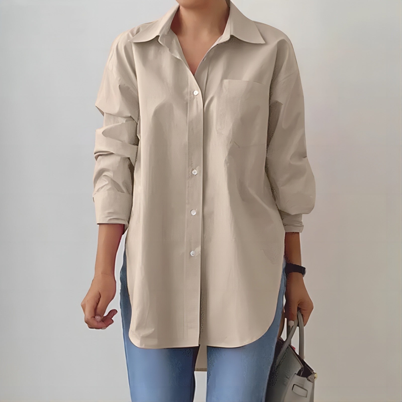 Camisa de manga larga con cuello dividido en color liso