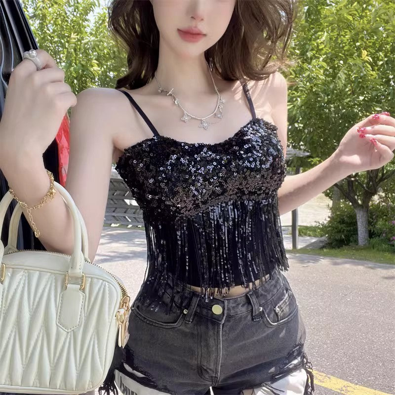 Sexy Tassel Patchwork Sequin Tube Top Women