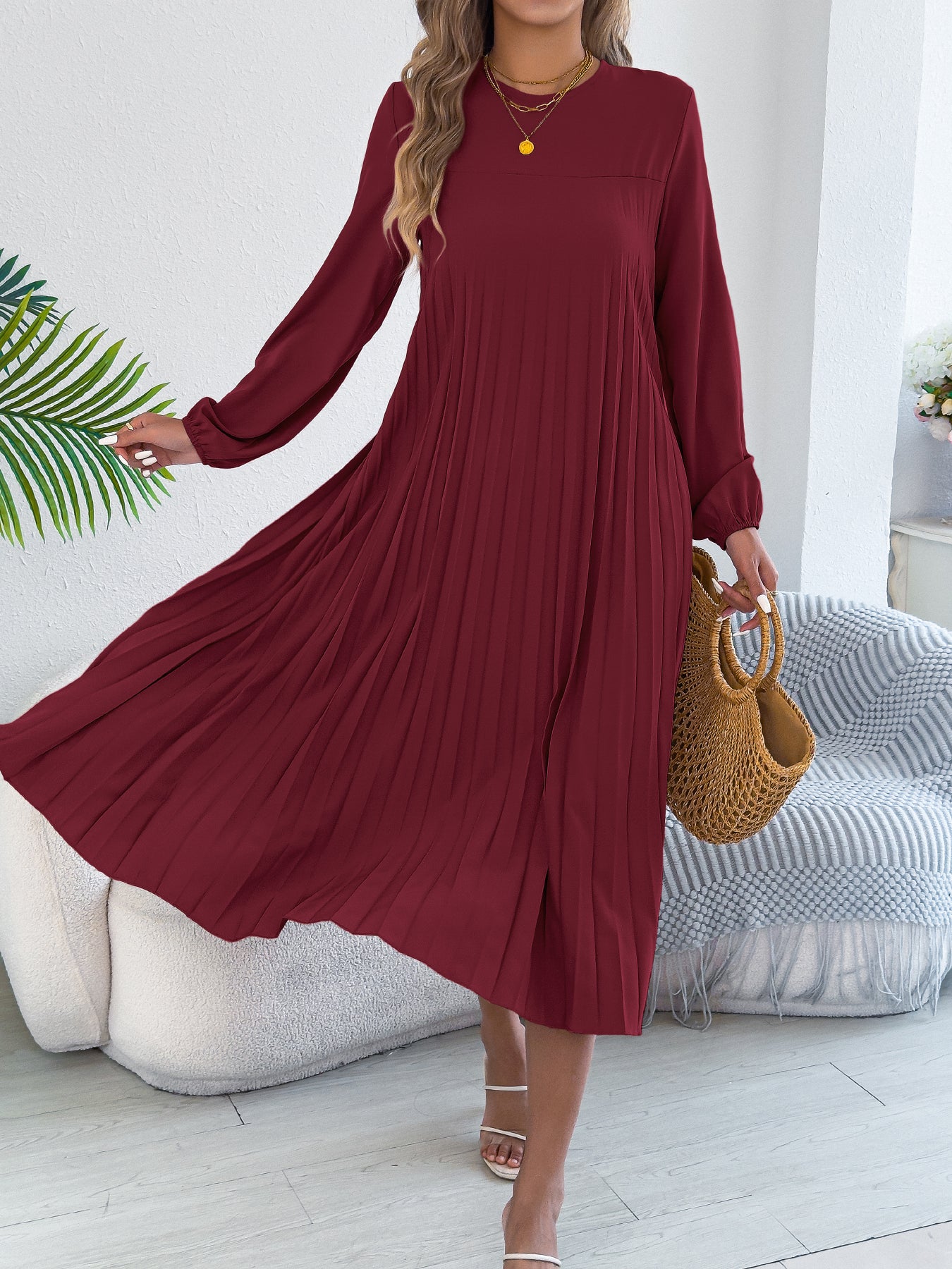 Vestido plisado informal de manga larga con bolsillos y color liso para mujer
