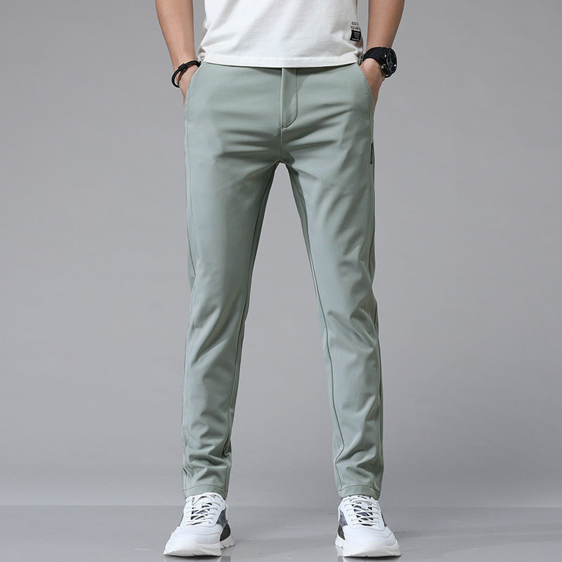 Pantalones casuales de seda de hielo para hombre, con cintura elástica y forro polar, para otoño