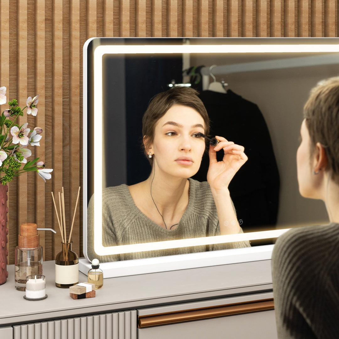 Espejo de tocador con luces LED, espejo de maquillaje con 3 modos de color regulables, control táctil, espejo de tocador de escritorio cuadrado blanco.