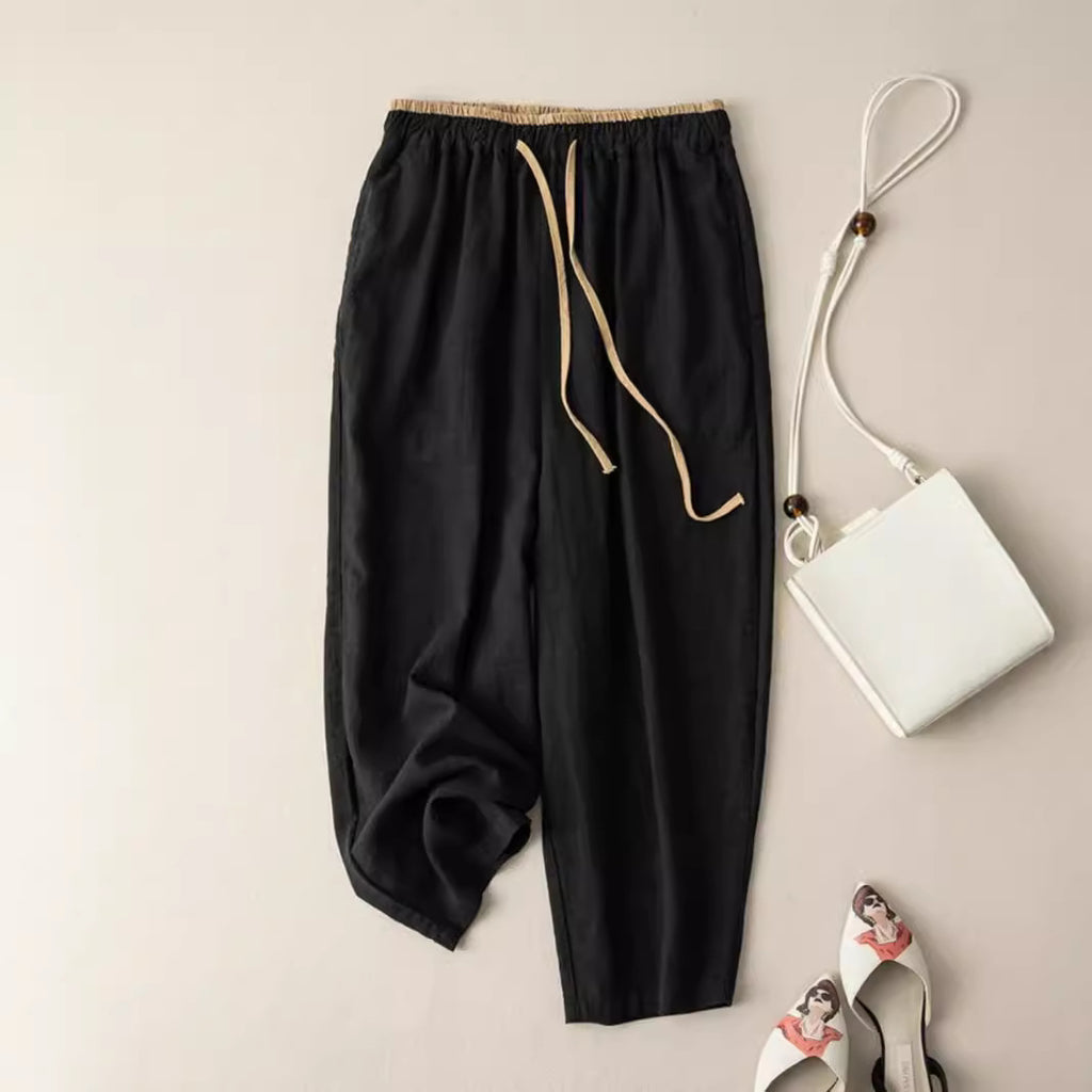 Pantalones casuales de pierna ancha de algodón y lino sencillos de estilo coreano retro para mujer