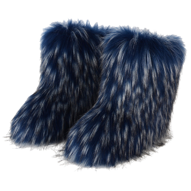 Winter Fur Integrated Imitation Raccoon Fur Women's Snow Boots Fluffy Shoes Outdoor Middle Boots