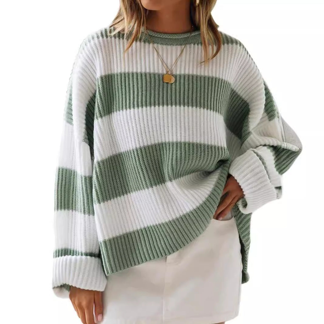 FallWinter Crew-Neck Long Colorblock Striped Knit Sweater