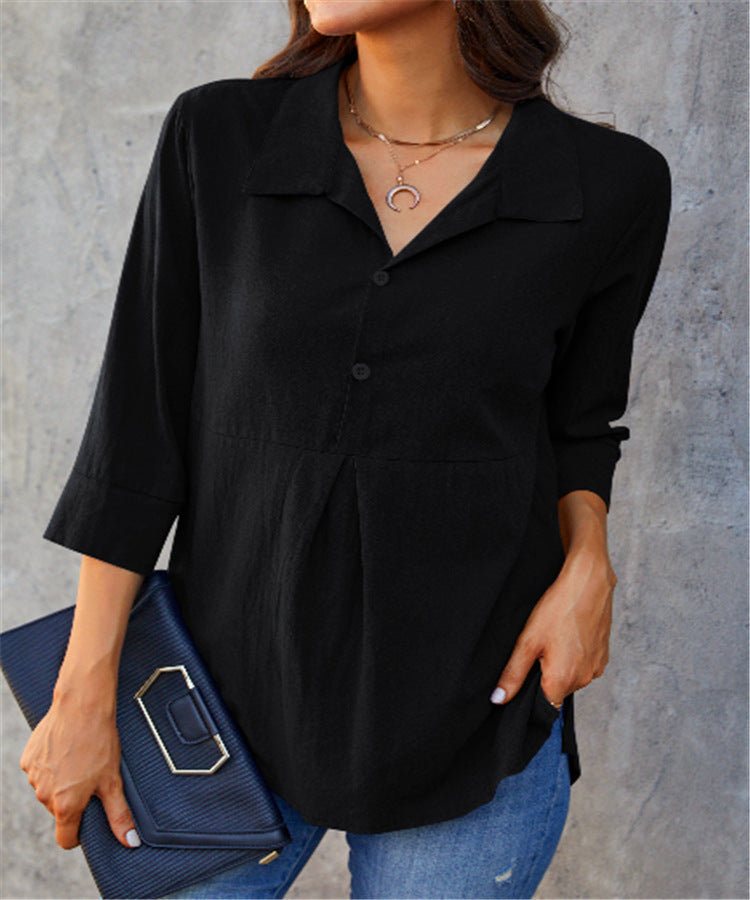 Camisa de mujer de color liso con cuello de solapa, abertura y peplum, manga tres cuartos