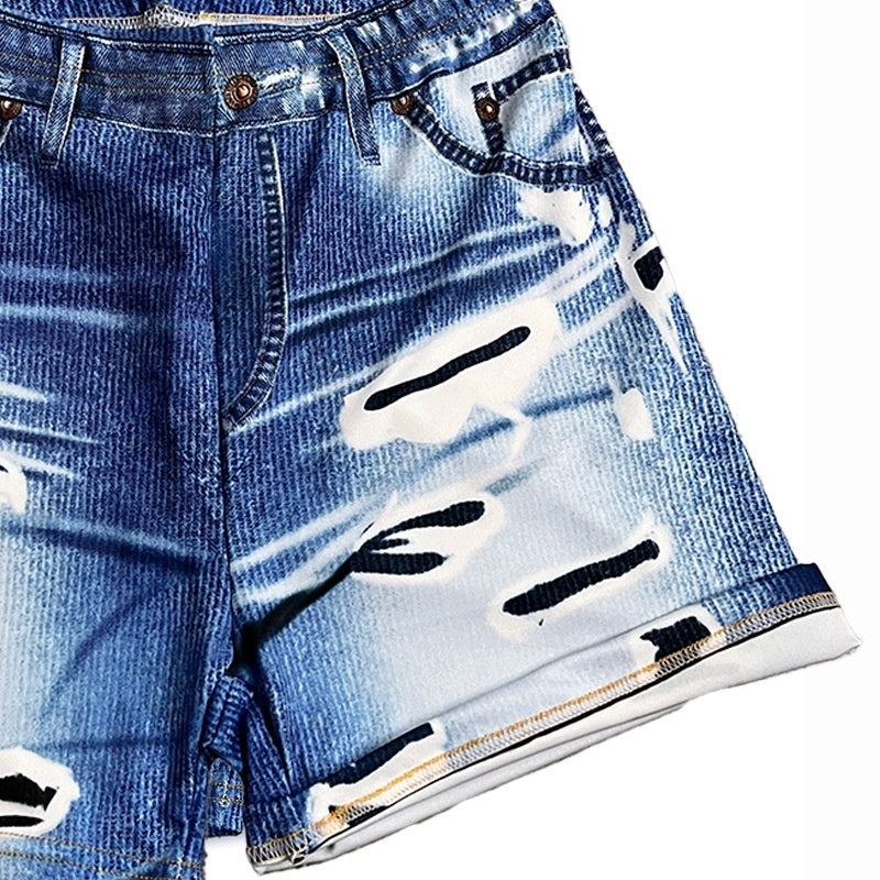Pantalones tres cuartos estampados estilo denim con aspecto roto