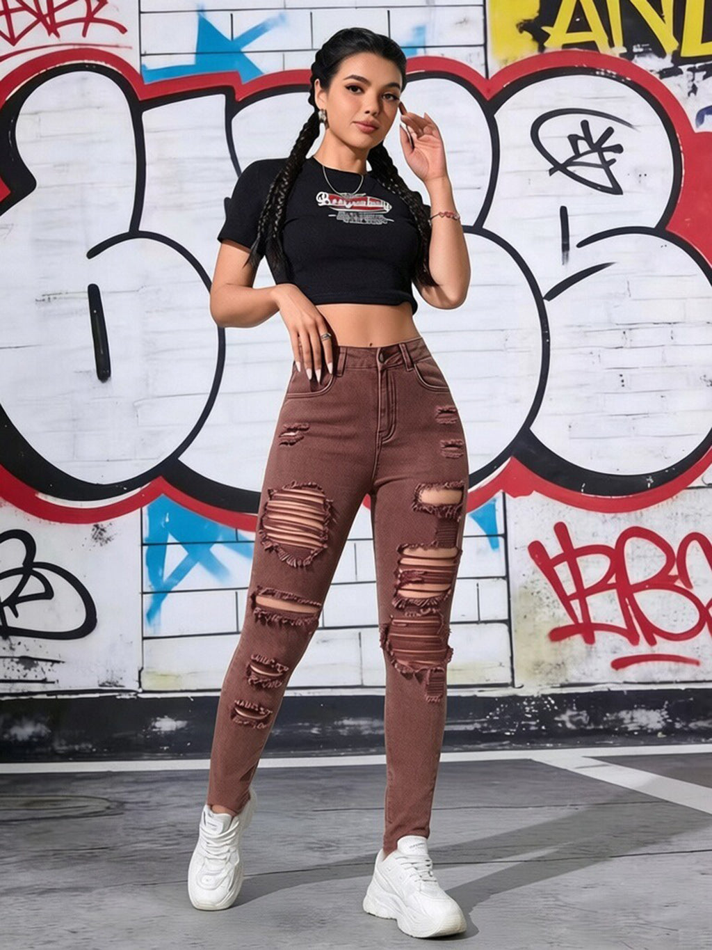 Women's High Waist Brown Ripped Skinny Jeans, Stretchy Distressed Denim Pants
