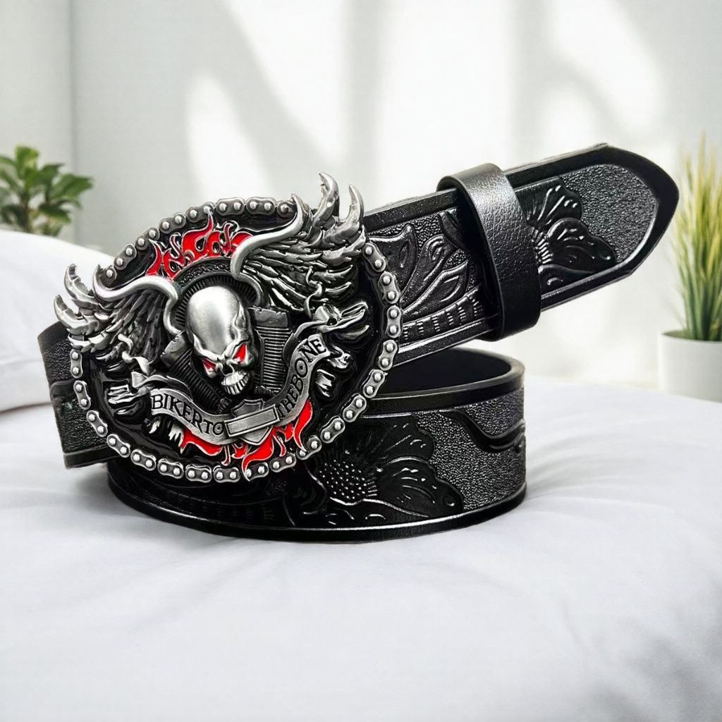 Cinturón de cuero para hombre con hebilla de aleación y diseño vintage en relieve.