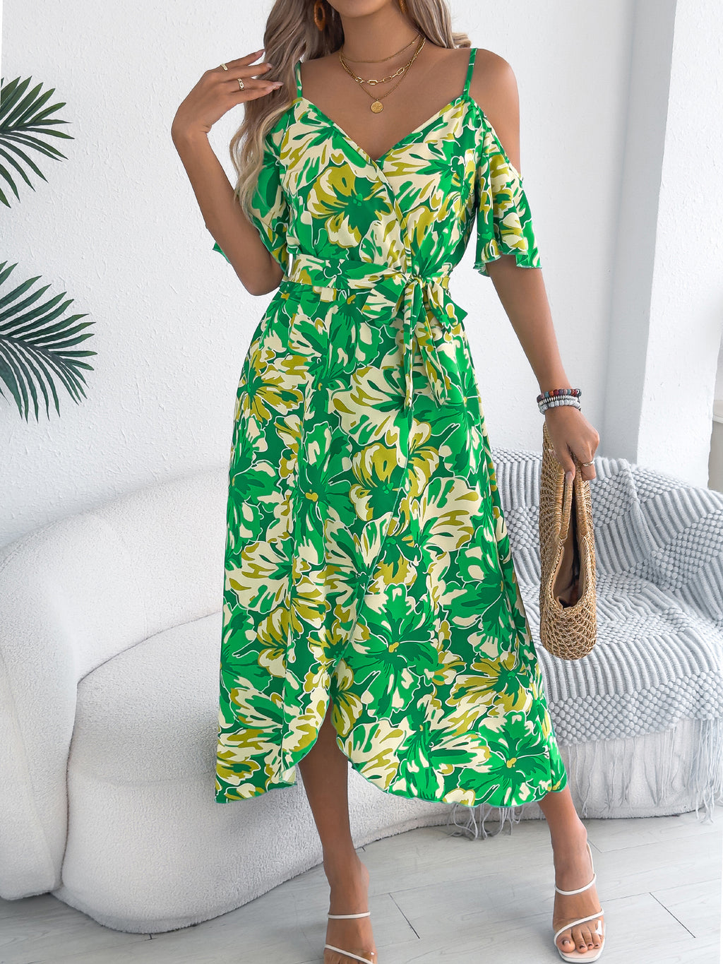 Women's Off Shoulder Cross V Neck Floral Print Camisole Vacation Maxi Dress